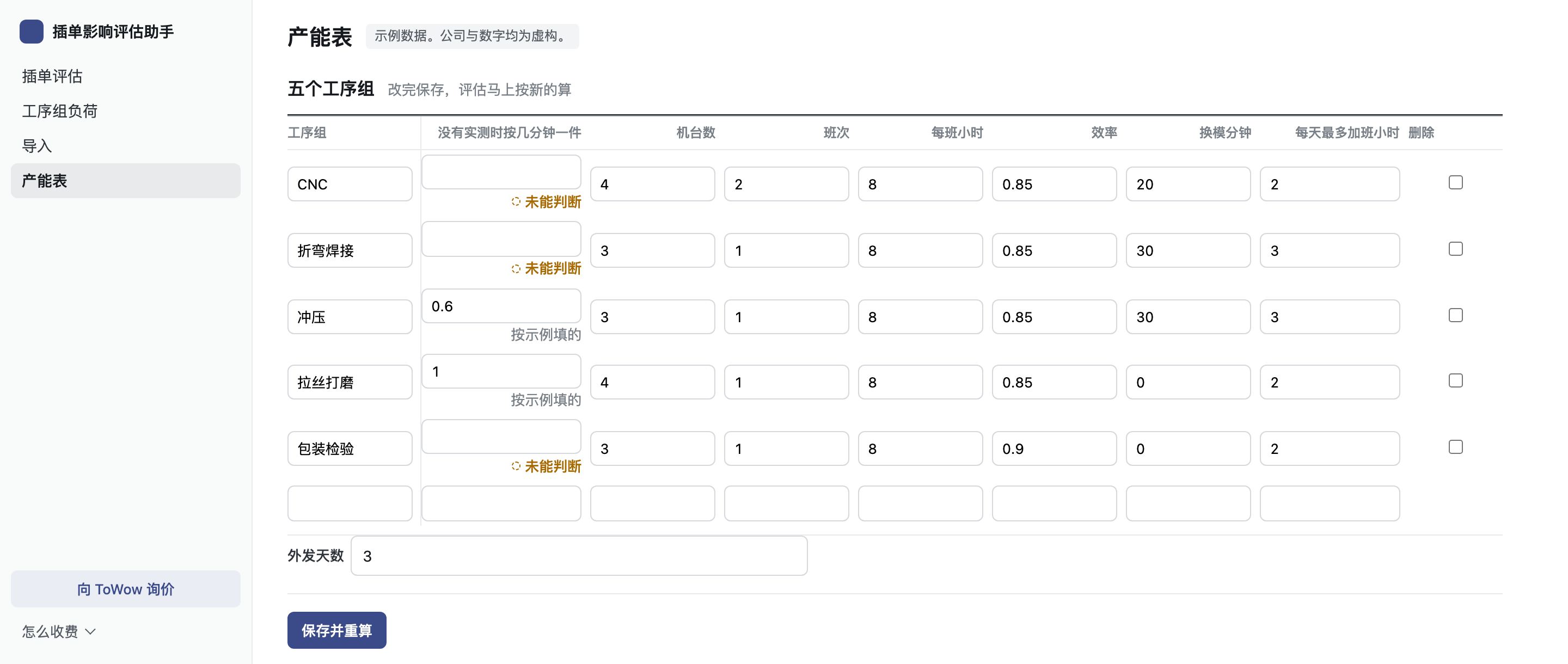 产能表页:每个工序组一行,列有没有实测时按几分钟一件、机台数、班次、每班小时、效率、换模分钟和每天最多加班小时