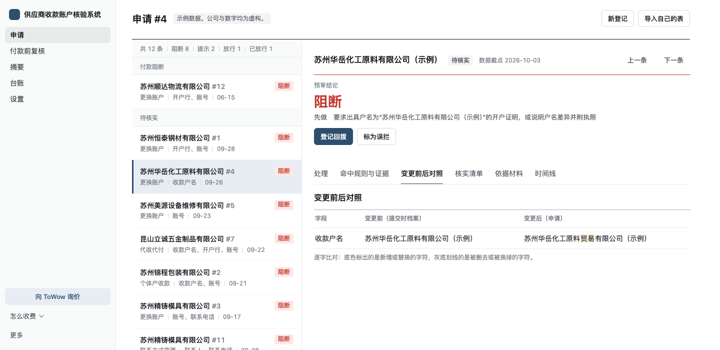 申请 #4 的变更前后对照:收款户名中间多了“贸易”两个字,被标出底色