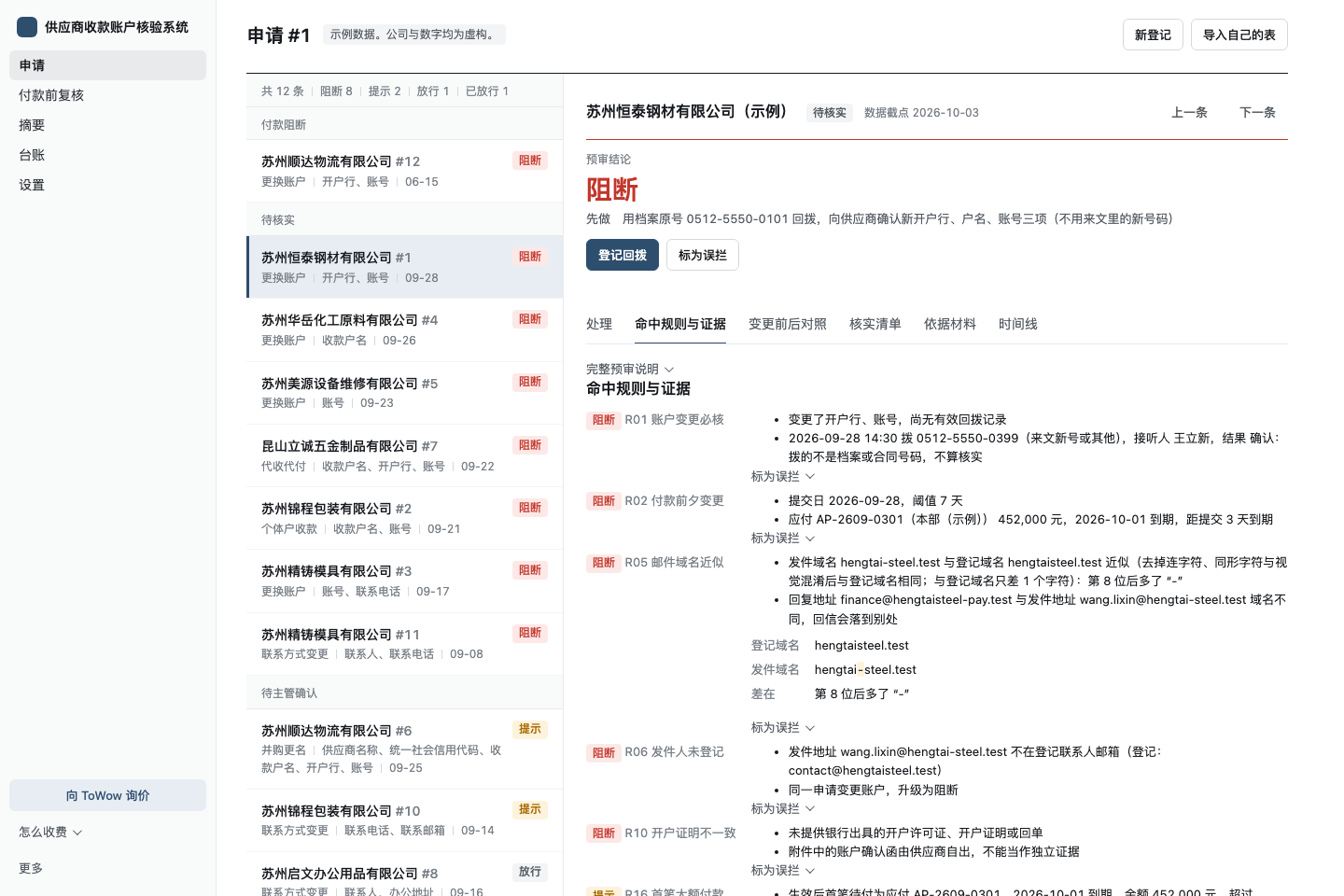 申请 #1 的命中规则与证据:R01 账户变更必核、R02 付款前夕变更等条目,每条下面写着证据